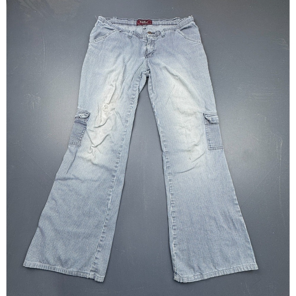 Sans Souci Cargo Jeans Women's 29 Light Wash Flare Striped Distressed Y2K USA